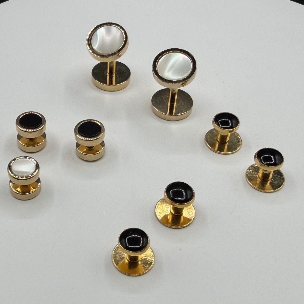 Gold Tone Tuxedo Stud Cufflink Set Black Mother of Pearl Formal Dress Shirt